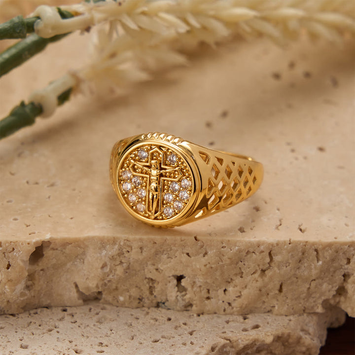 Christianartworkshop Oval Bezel Pave Zircon Crucifix Signet Ring with Lattice Hollow Band: A Symbol of Redemptive Sacred Grace - image 2