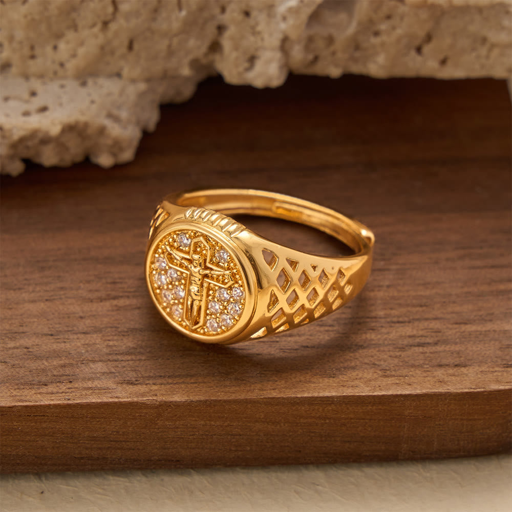 Christianartworkshop Oval Bezel Pave Zircon Crucifix Signet Ring with Lattice Hollow Band: A Symbol of Redemptive Sacred Grace - image 3