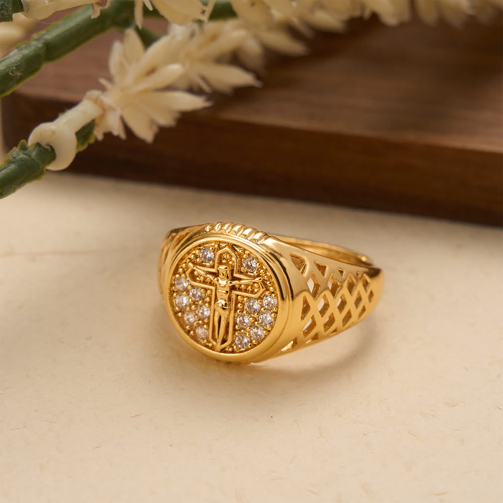 Christianartworkshop Oval Bezel Pave Zircon Crucifix Signet Ring with Lattice Hollow Band: A Symbol of Redemptive Sacred Grace - image 1