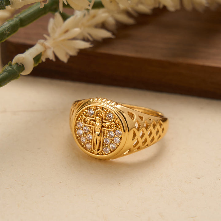 Christianartworkshop Oval Bezel Pave Zircon Crucifix Signet Ring with Lattice Hollow Band: A Symbol of Redemptive Sacred Grace - image 1