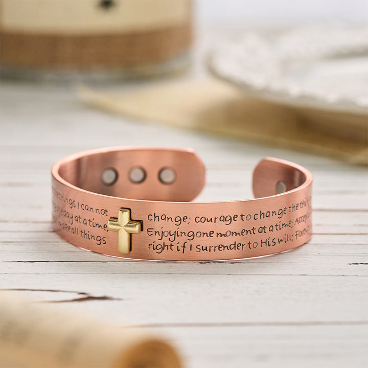 Christianartworkshop Serenity Prayer Engraved Copper Cuff Bracelet with Gold Inlaid Cross: A Symbol of Peaceful Surrender - image 5