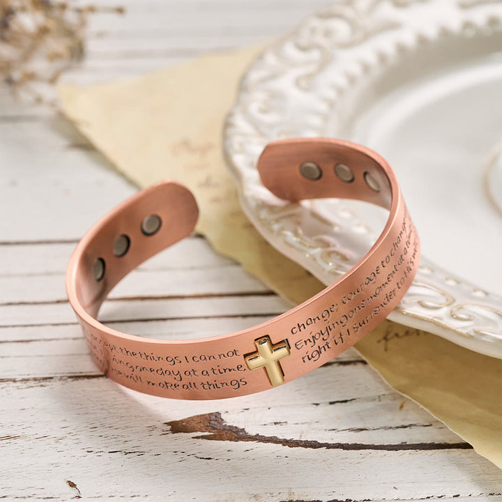 Christianartworkshop Serenity Prayer Engraved Copper Cuff Bracelet with Gold Inlaid Cross: A Symbol of Peaceful Surrender - image 2