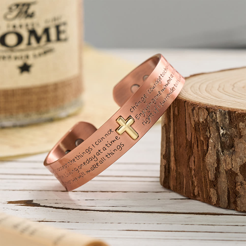 Christianartworkshop Serenity Prayer Engraved Copper Cuff Bracelet with Gold Inlaid Cross: A Symbol of Peaceful Surrender - image 1