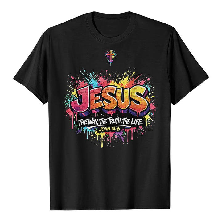 Christianartworkshop "Jesus The Way The Truth The Life John 14:6" Graffiti Splash Cross Premium Short Sleeve T-Shirt - Black - 2XL - image 0
