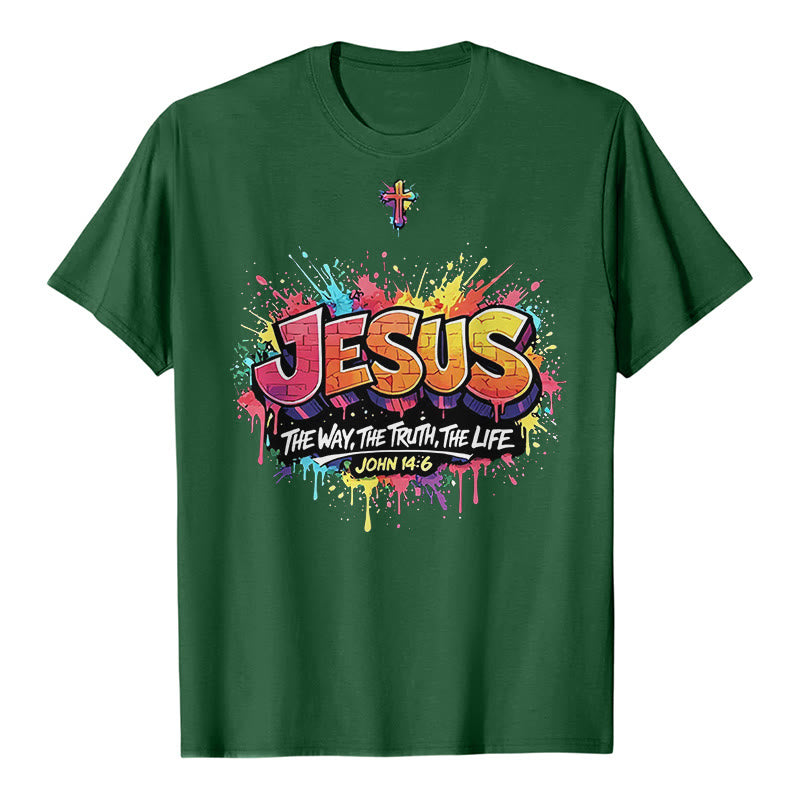 Christianartworkshop "Jesus The Way The Truth The Life John 14:6" Graffiti Splash Cross Premium Short Sleeve T-Shirt - Dark Green - 2XL - image 6