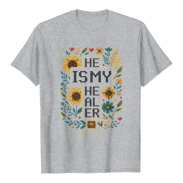 Christianartworkshop Inspirational Exodus 15:26 Floral Cross Stitch Detail Premium Short Sleeve T-Shirt - Grey - 2XL - image 0