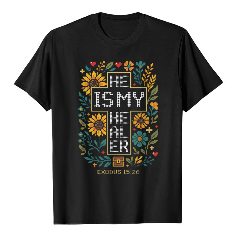 Christianartworkshop Inspirational Exodus 15:26 Floral Cross Stitch Detail Premium Short Sleeve T-Shirt - Black - 2XL - image 1