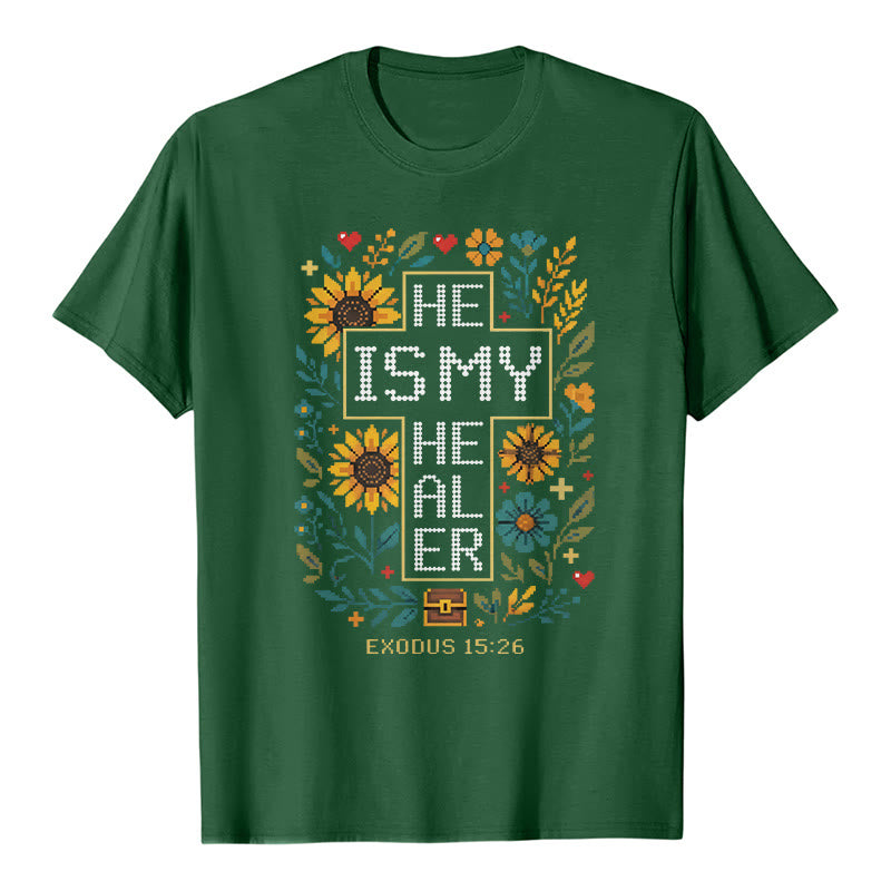Christianartworkshop Inspirational Exodus 15:26 Floral Cross Stitch Detail Premium Short Sleeve T-Shirt - Dark Green - 2XL - image 6