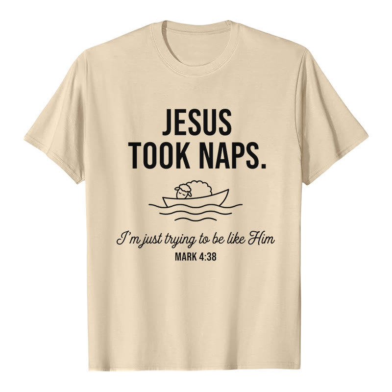 Christianartworkshop Funny Faith Quote Napping Lamb On Boat Minimal Line Graphic Premium Short Sleeve T-Shirt - Beige - 2XL - image 8
