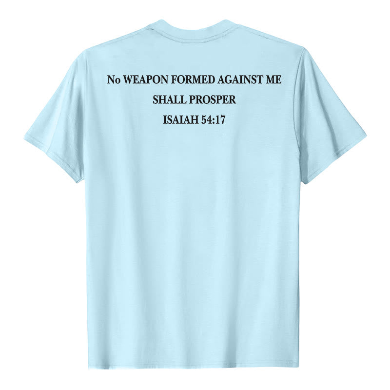 Christianartworkshop No Weapon Formed Against Me Shall Prosper Isaiah 54:17 Front Cross Back Scripture Premium Short Sleeve T-Shirt - image 23