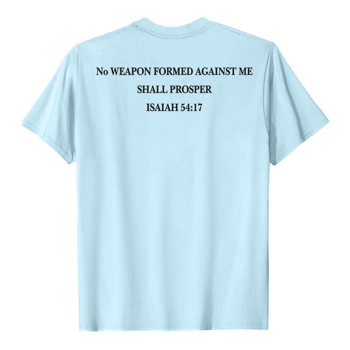 Christianartworkshop No Weapon Formed Against Me Shall Prosper Isaiah 54:17 Front Cross Back Scripture Premium Short Sleeve T-Shirt - image 23