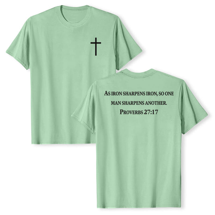 Christianartworkshop As Iron Sharpens Iron Proverbs 27:17 Front Chest Cross Back Scripture Premium Short Sleeve T-Shirt - Light Green - 2XL - image 15