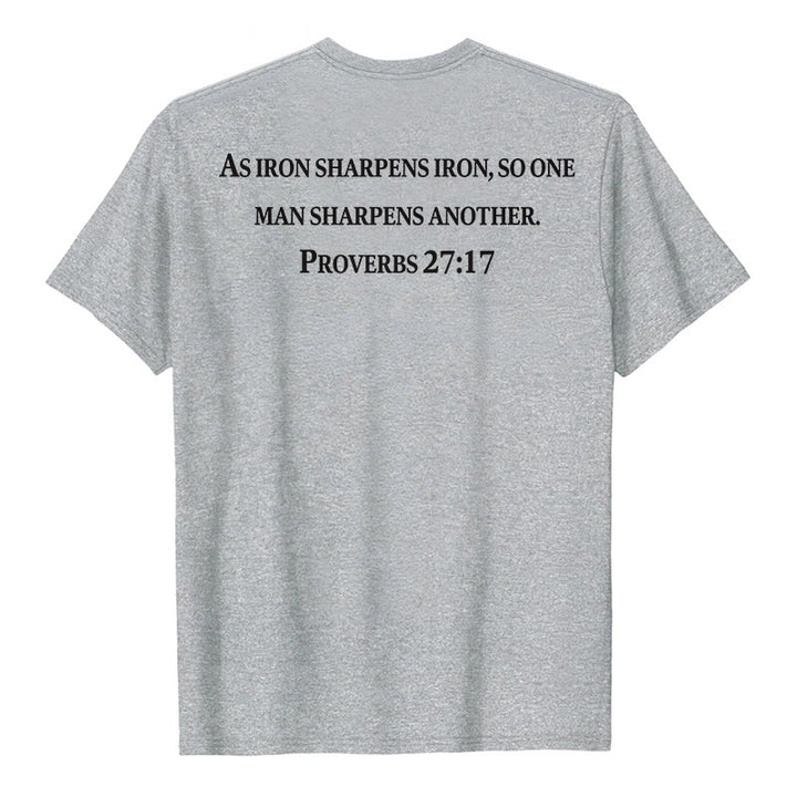 Christianartworkshop As Iron Sharpens Iron Proverbs 27:17 Front Chest Cross Back Scripture Premium Short Sleeve T-Shirt - image 5