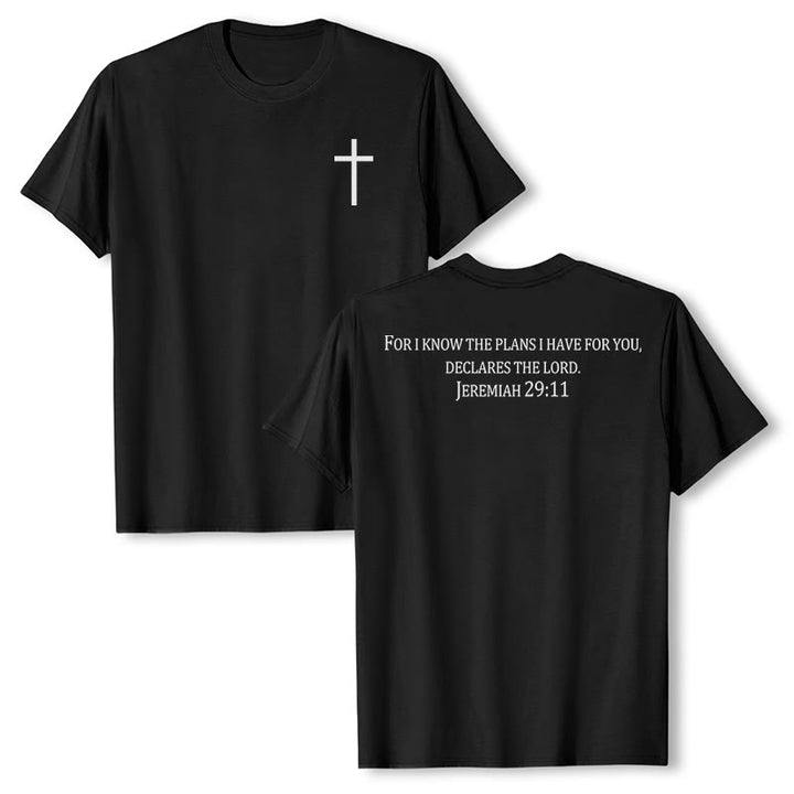 Christianartworkshop For I Know The Plans I Have For You Jeremiah 29:11 Front Chest Cross Back Scripture Premium Short Sleeve T-Shirt - Black - 2XL - image 3