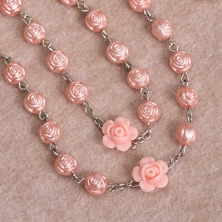 Christianartworkshop Glossy Rose Embossed Bead Rosary with 3D Floral Accent, Our Lady Enamel Medal & Antique Crucifix - image 4