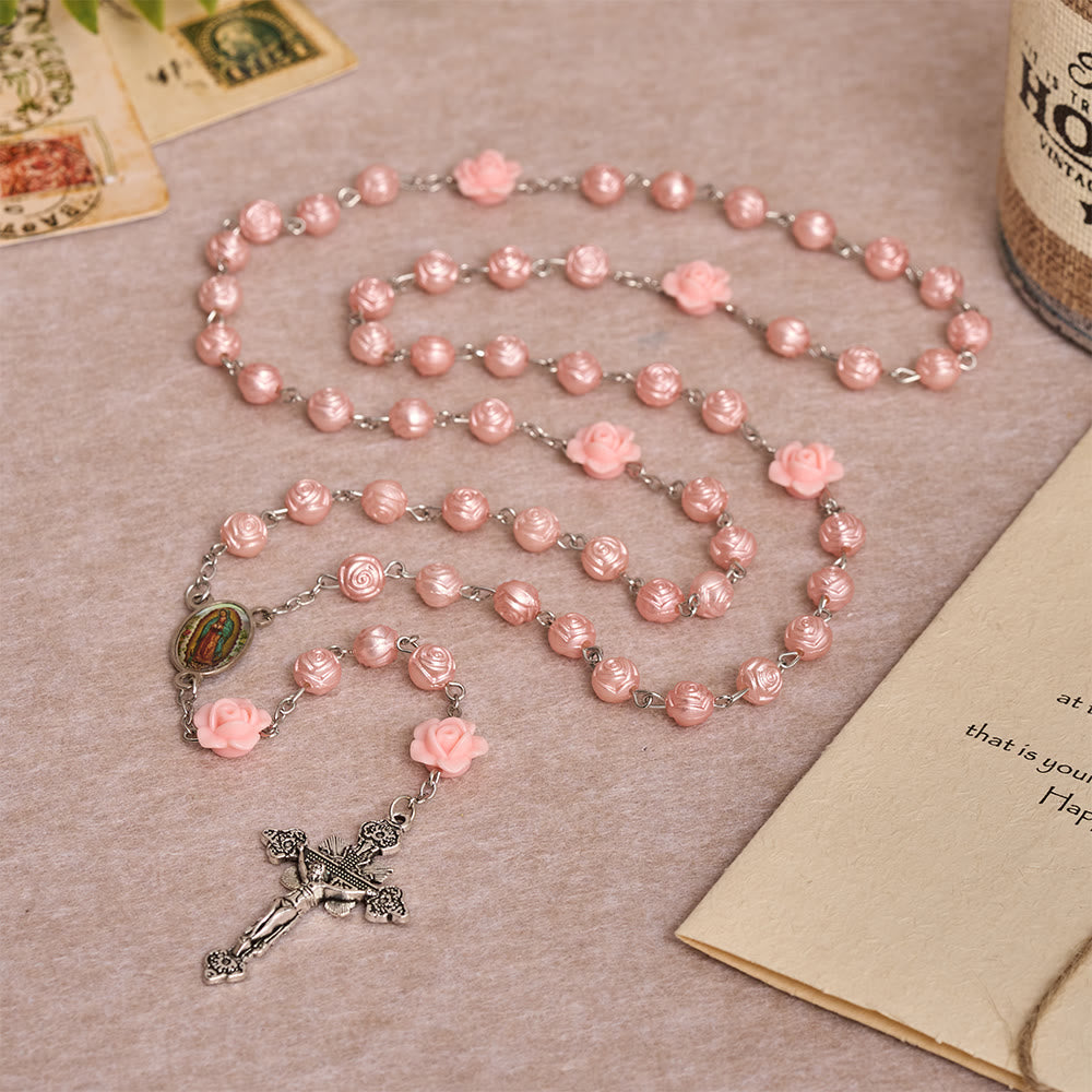 Christianartworkshop Glossy Rose Embossed Bead Rosary with 3D Floral Accent, Our Lady Enamel Medal & Antique Crucifix - image 1