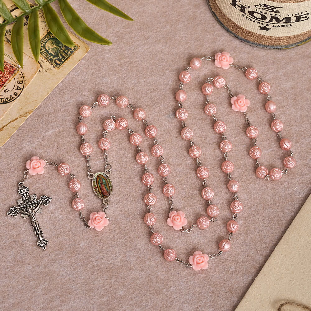 Christianartworkshop Glossy Rose Embossed Bead Rosary with 3D Floral Accent, Our Lady Enamel Medal & Antique Crucifix - image 3