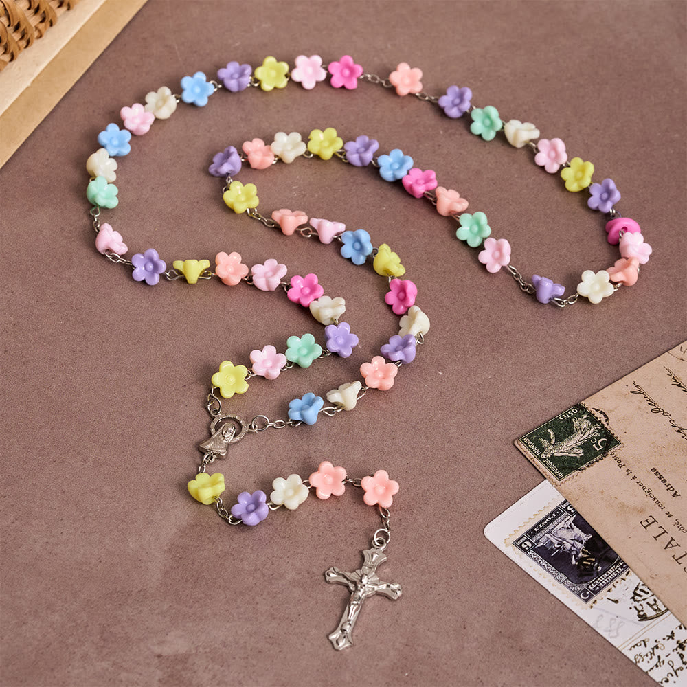 Christianartworkshop Solid Five-Petal Flower Shaped Bead Devotional Rosary with Embossed Our Lady Medal & Detailed Antique Crucifix - Multicolored Floral Rosary - image 0