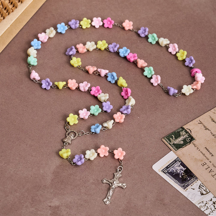 Christianartworkshop Solid Five-Petal Flower Shaped Bead Devotional Rosary with Embossed Our Lady Medal & Detailed Antique Crucifix - Multicolored Floral Rosary - image 0