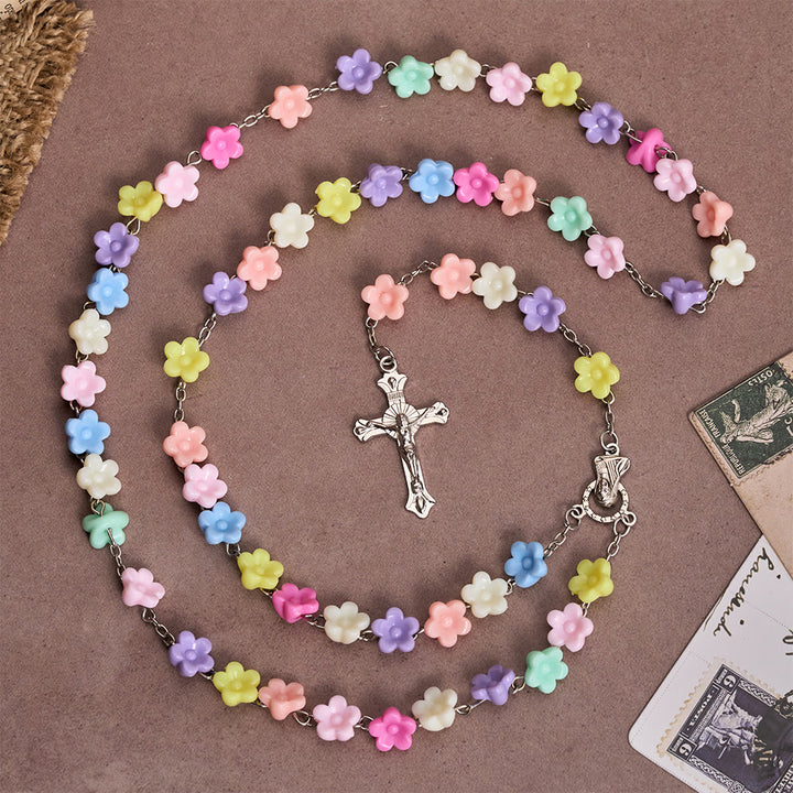 Christianartworkshop Solid Five-Petal Flower Shaped Bead Devotional Rosary with Embossed Our Lady Medal & Detailed Antique Crucifix - image 1