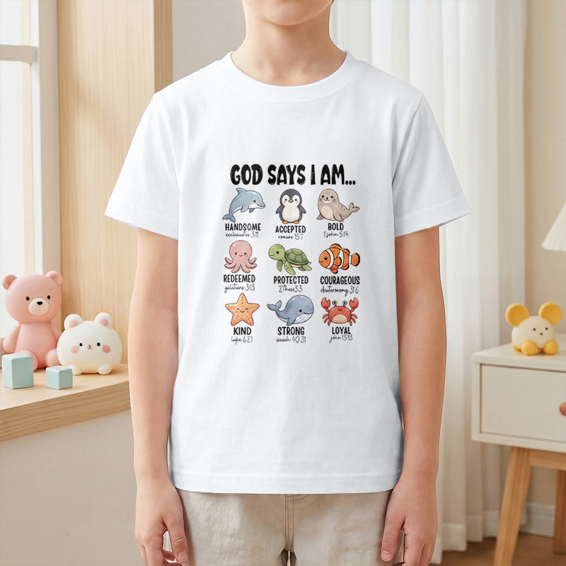 Christianartworkshop Relax Fit Whale Penguin Crab Print Faith Slogan Kids Short Sleeve T-Shirt - image 22