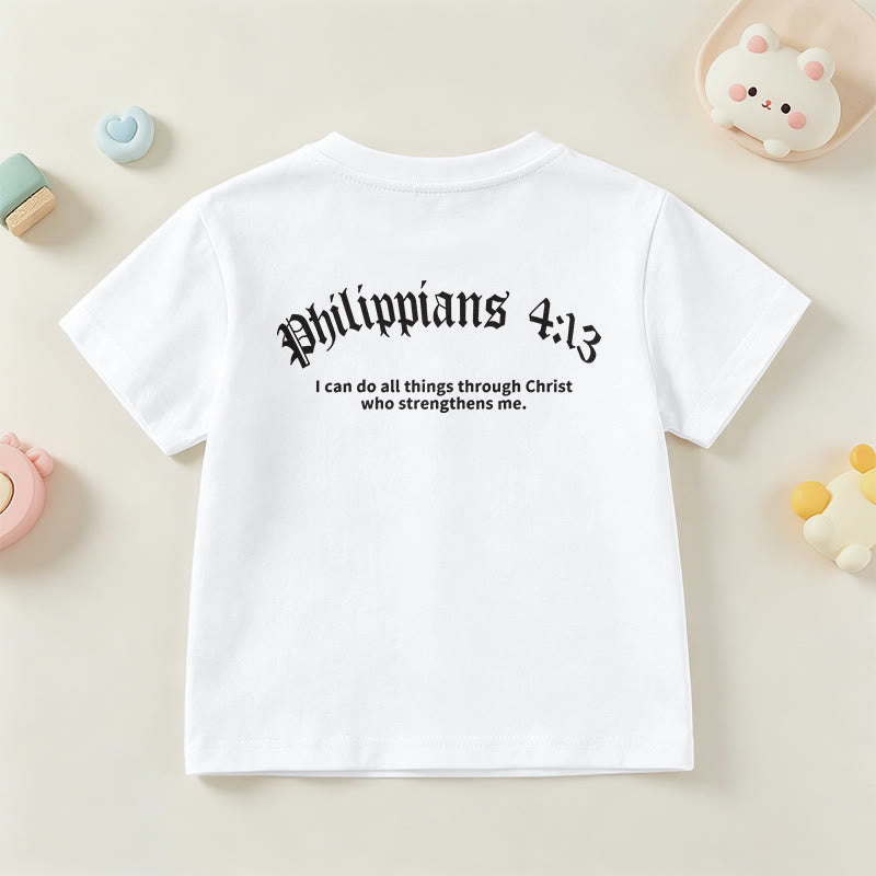 Christianartworkshop Philippians 4:13 Front Chest Cross Back Gothic Font Scripture Kids Short Sleeve T-Shirt - image 15