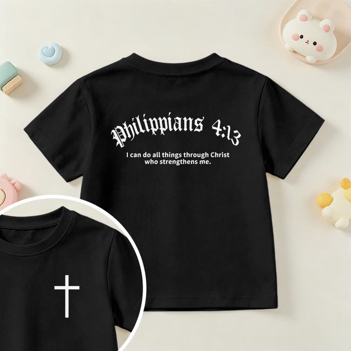 Christianartworkshop Philippians 4:13 Front Chest Cross Back Gothic Font Scripture Kids Short Sleeve T-Shirt - Black - US/UK/AU 14, EU170 - image 36