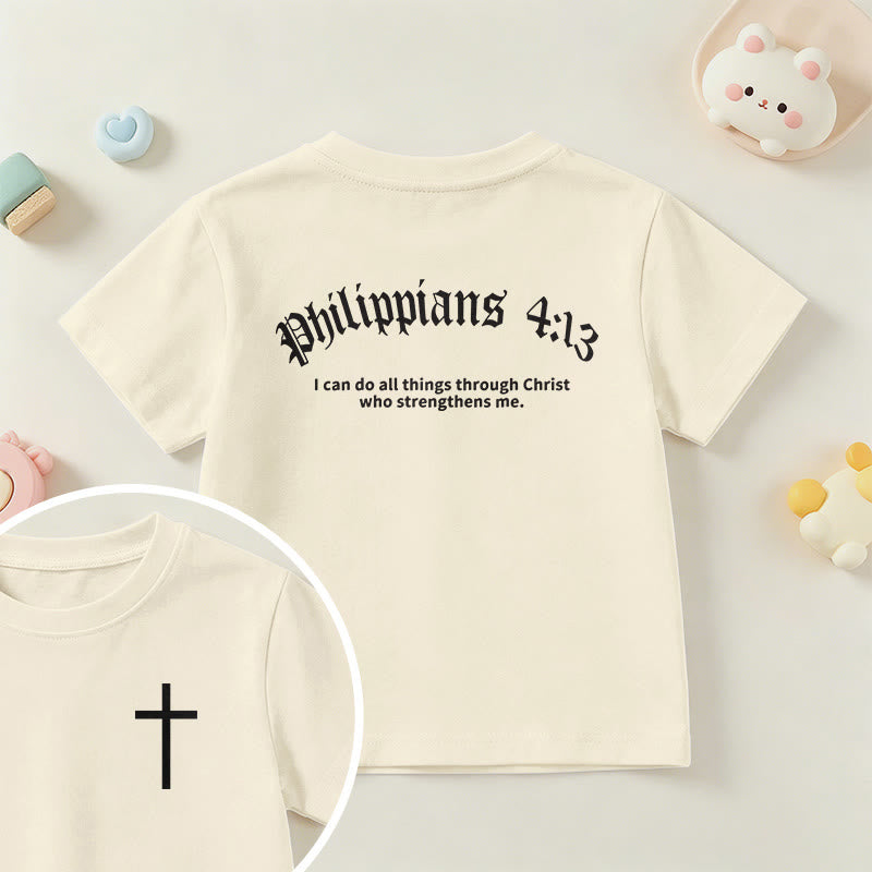 Christianartworkshop Philippians 4:13 Front Chest Cross Back Gothic Font Scripture Kids Short Sleeve T-Shirt - Beige - US/UK/AU 14, EU170 - image 0