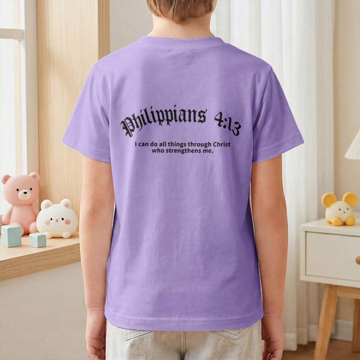 Christianartworkshop Philippians 4:13 Front Chest Cross Back Gothic Font Scripture Kids Short Sleeve T-Shirt - image 52