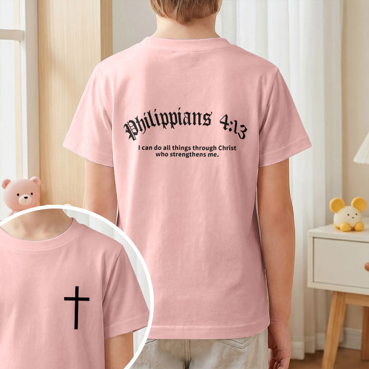 Christianartworkshop Philippians 4:13 Front Chest Cross Back Gothic Font Scripture Kids Short Sleeve T-Shirt - image 64