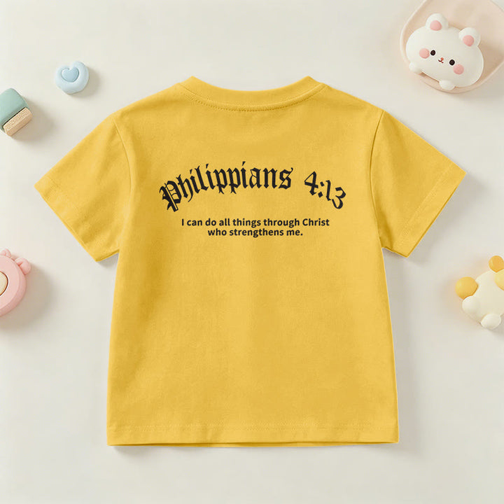 Christianartworkshop Philippians 4:13 Front Chest Cross Back Gothic Font Scripture Kids Short Sleeve T-Shirt - image 33