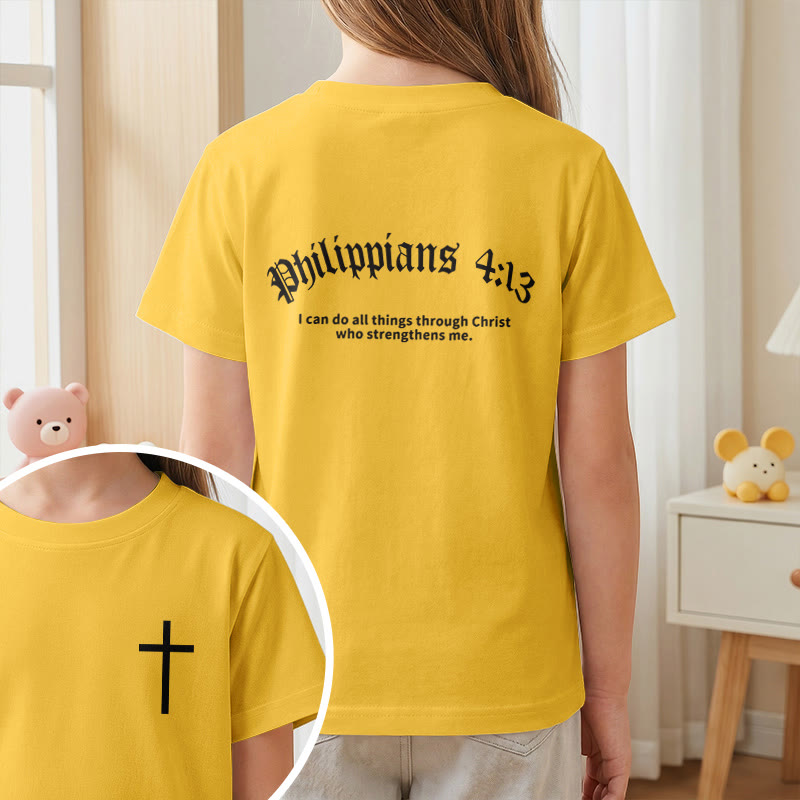 Christianartworkshop Philippians 4:13 Front Chest Cross Back Gothic Font Scripture Kids Short Sleeve T-Shirt - image 29