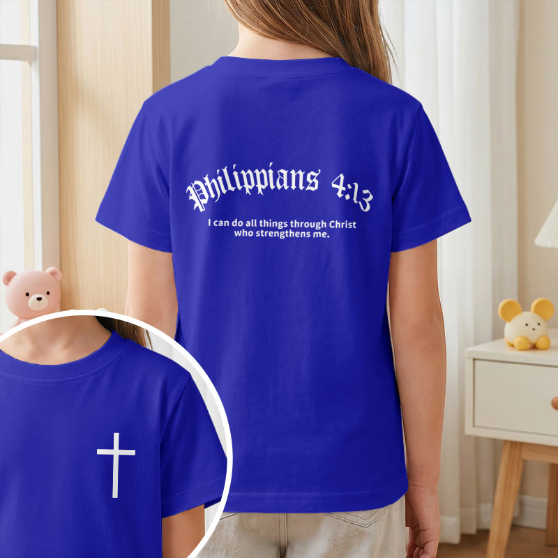 Christianartworkshop Philippians 4:13 Front Chest Cross Back Gothic Font Scripture Kids Short Sleeve T-Shirt - image 89