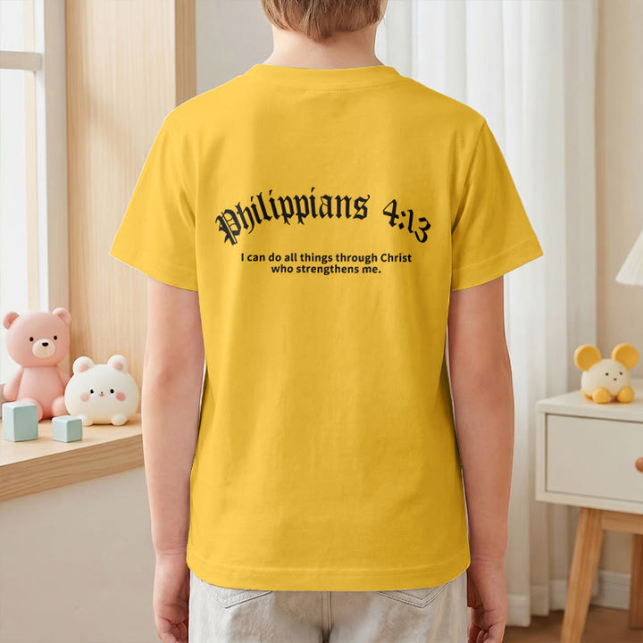 Christianartworkshop Philippians 4:13 Front Chest Cross Back Gothic Font Scripture Kids Short Sleeve T-Shirt - image 34