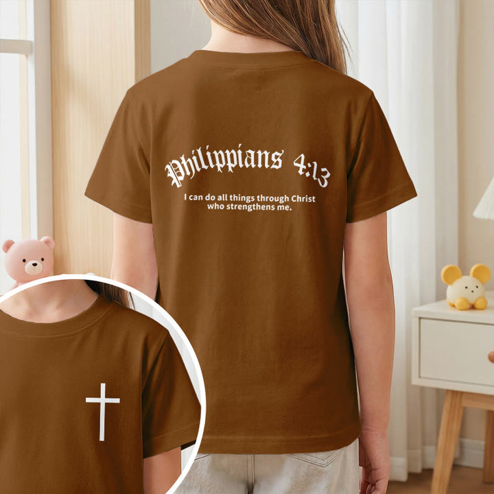 Christianartworkshop Philippians 4:13 Front Chest Cross Back Gothic Font Scripture Kids Short Sleeve T-Shirt - image 20