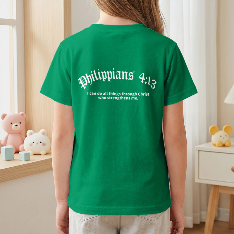 Christianartworkshop Philippians 4:13 Front Chest Cross Back Gothic Font Scripture Kids Short Sleeve T-Shirt - image 80