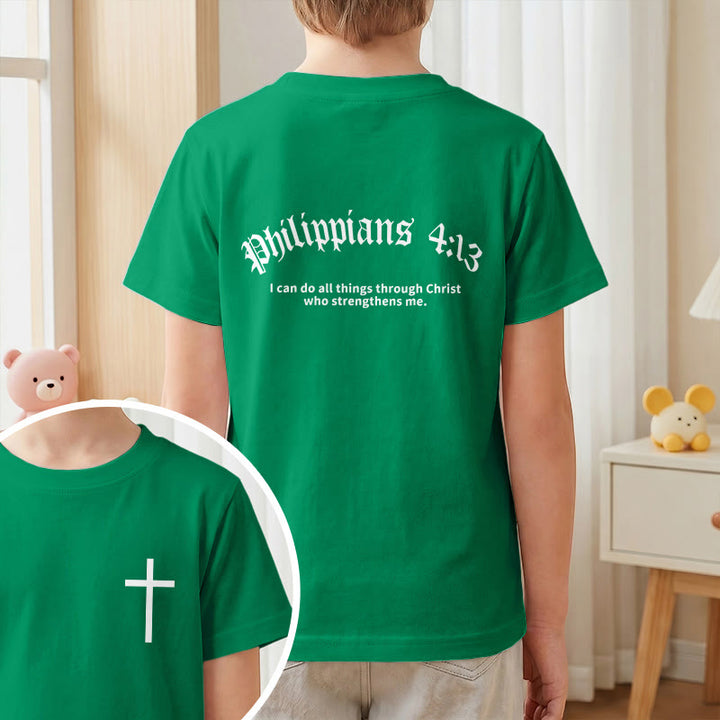 Christianartworkshop Philippians 4:13 Front Chest Cross Back Gothic Font Scripture Kids Short Sleeve T-Shirt - image 73