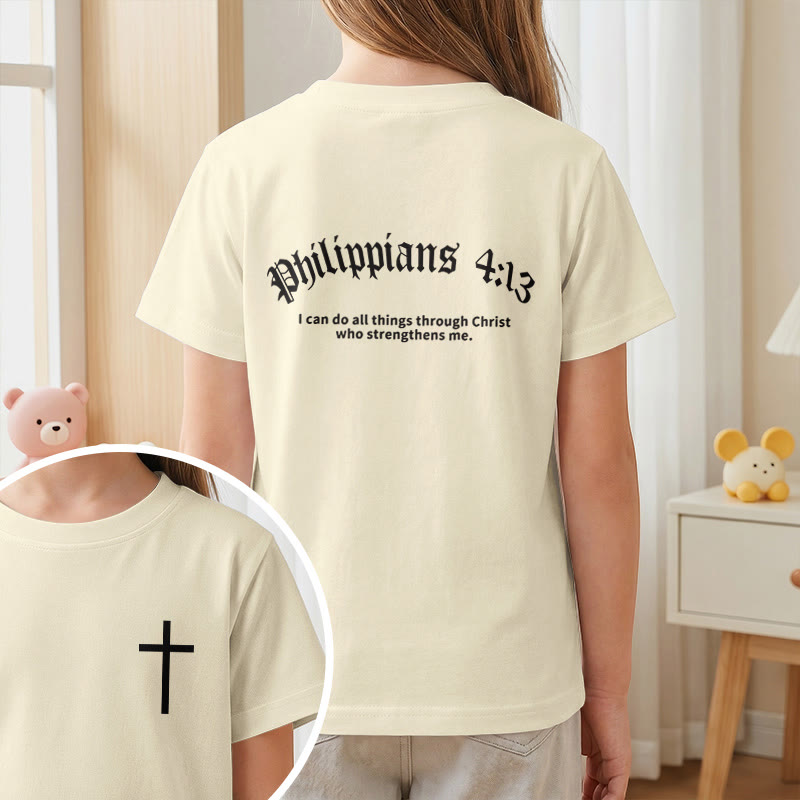Christianartworkshop Philippians 4:13 Front Chest Cross Back Gothic Font Scripture Kids Short Sleeve T-Shirt - image 2