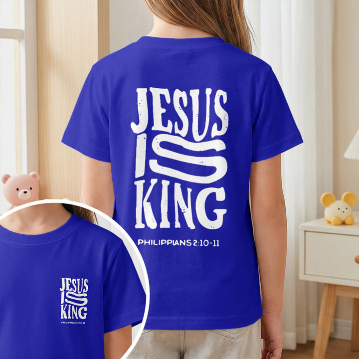 Christianartworkshop "Jesus Is King" Philippians 2:10-11 Distressed Bold Font Front Back Print Kids Short Sleeve T-Shirt - image 83