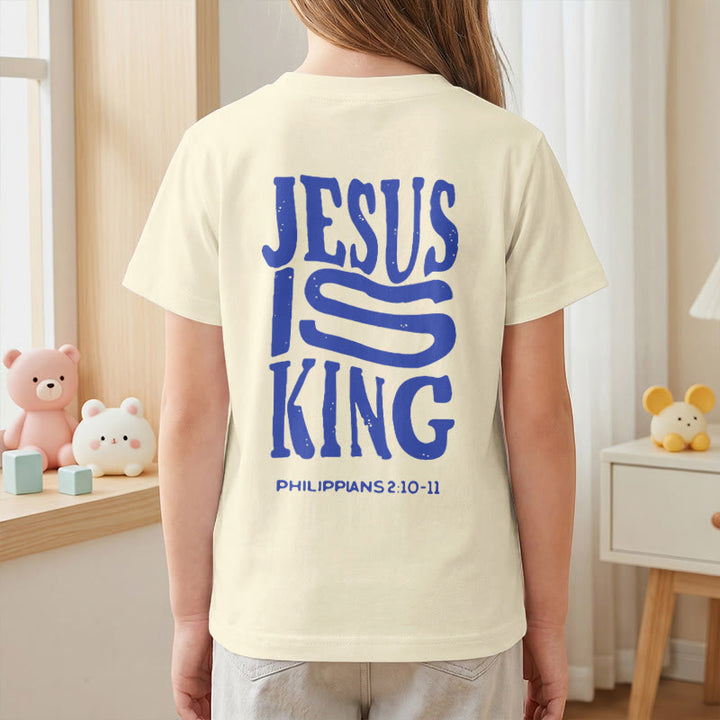 Christianartworkshop "Jesus Is King" Philippians 2:10-11 Distressed Bold Font Front Back Print Kids Short Sleeve T-Shirt - image 8