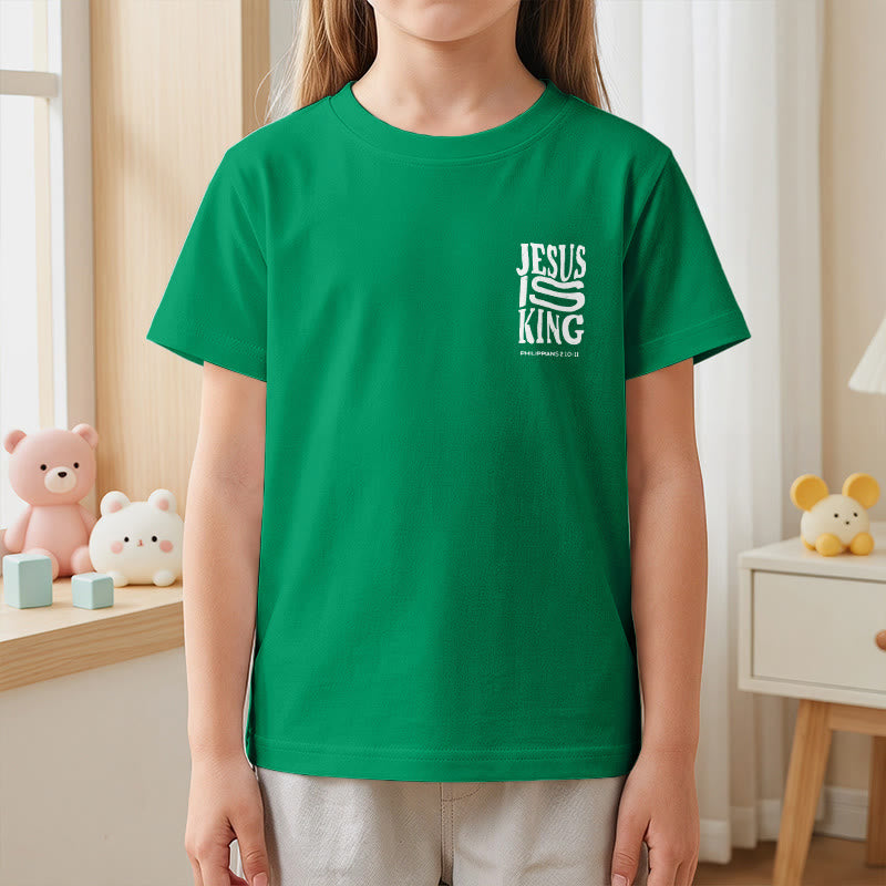 Christianartworkshop "Jesus Is King" Philippians 2:10-11 Distressed Bold Font Front Back Print Kids Short Sleeve T-Shirt - image 77