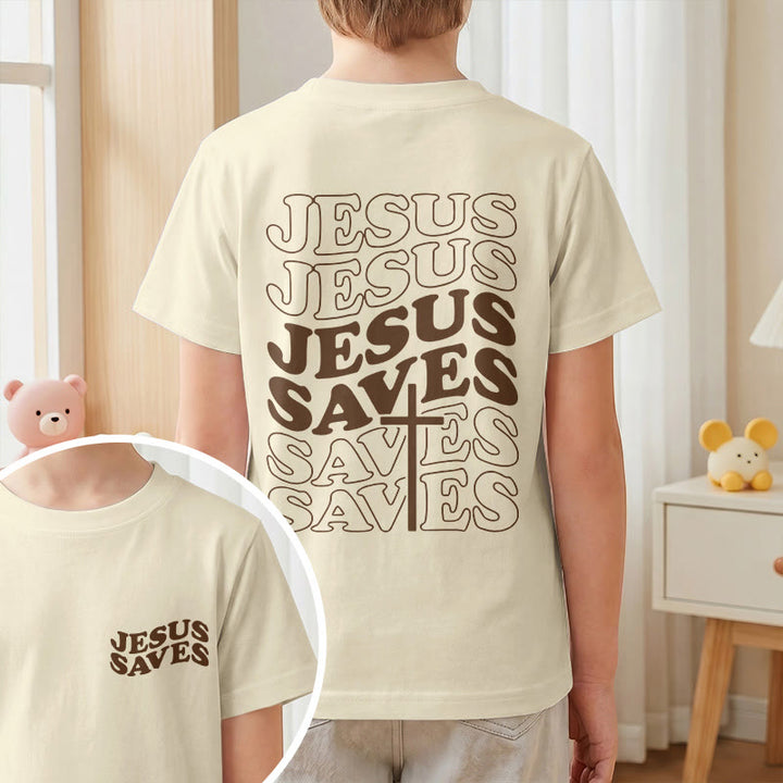 Christianartworkshop Classic "Jesus Saves" Stack Bubble Typography Cross Kids Faith Short Sleeve T-Shirt - image 10