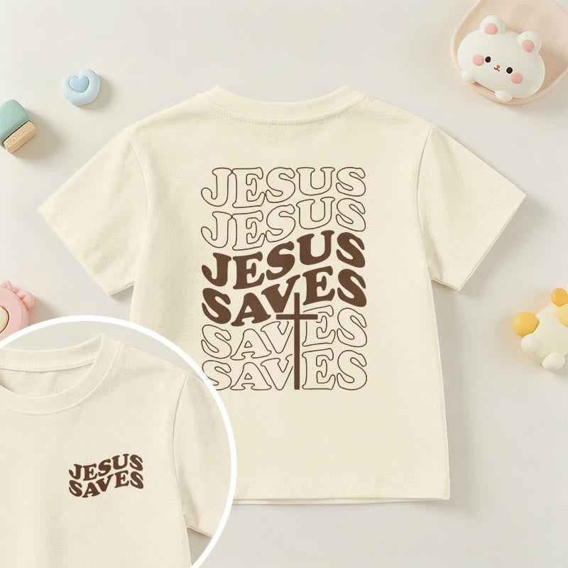 Christianartworkshop Classic "Jesus Saves" Stack Bubble Typography Cross Kids Faith Short Sleeve T-Shirt - Beige - US/UK/AU 14, EU170 - image 9