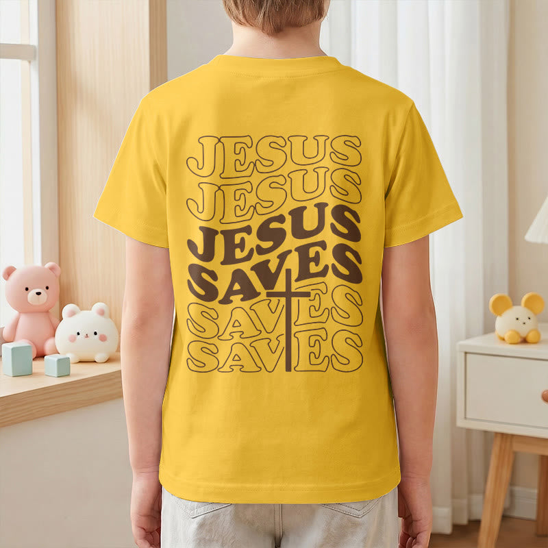 Christianartworkshop Classic "Jesus Saves" Stack Bubble Typography Cross Kids Faith Short Sleeve T-Shirt - image 34