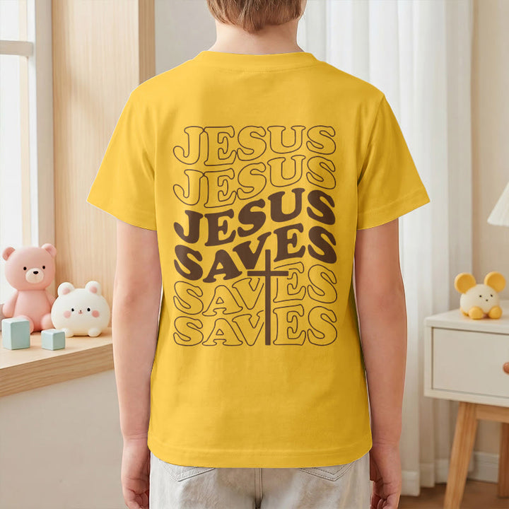 Christianartworkshop Classic "Jesus Saves" Stack Bubble Typography Cross Kids Faith Short Sleeve T-Shirt - image 34