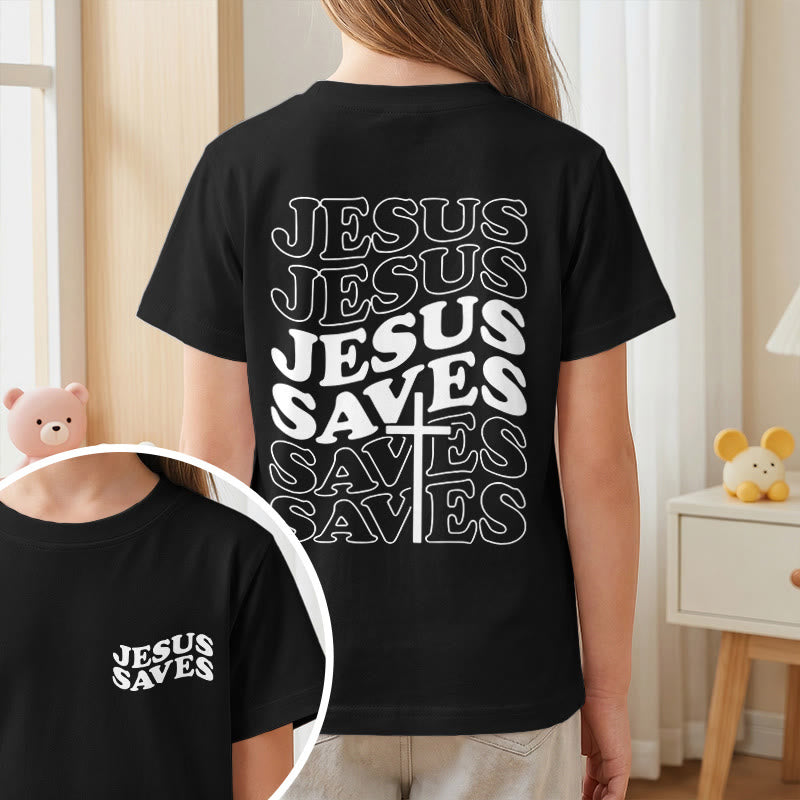 Christianartworkshop Classic "Jesus Saves" Stack Bubble Typography Cross Kids Faith Short Sleeve T-Shirt - image 38