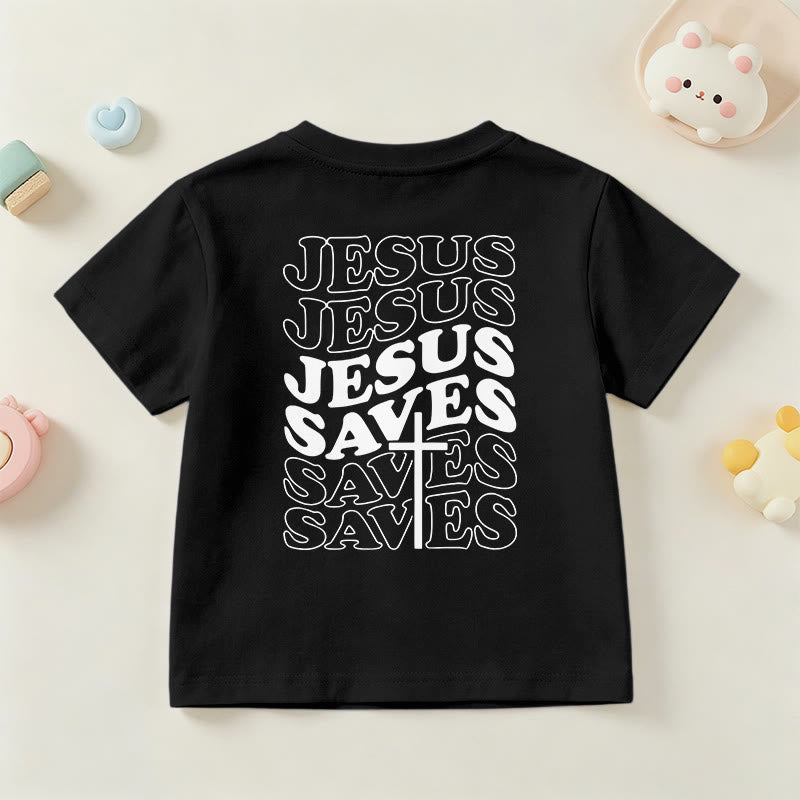 Christianartworkshop Classic "Jesus Saves" Stack Bubble Typography Cross Kids Faith Short Sleeve T-Shirt - image 42