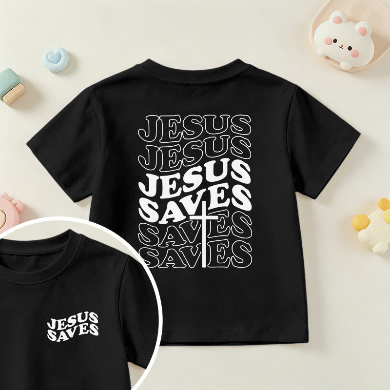 Christianartworkshop Classic "Jesus Saves" Stack Bubble Typography Cross Kids Faith Short Sleeve T-Shirt - Black - US/UK/AU 14, EU170 - image 36