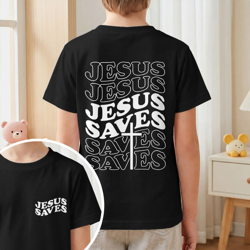 Christianartworkshop Classic "Jesus Saves" Stack Bubble Typography Cross Kids Faith Short Sleeve T-Shirt - image 37