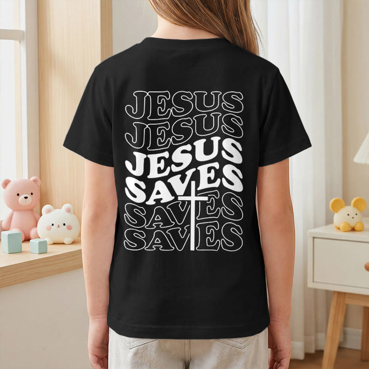 Christianartworkshop Classic "Jesus Saves" Stack Bubble Typography Cross Kids Faith Short Sleeve T-Shirt - image 44